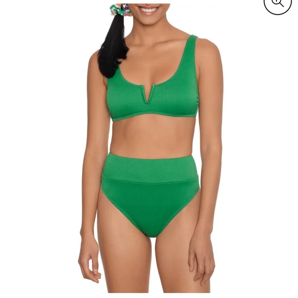 Hit Rewind Women's Solid Rib V-Wire Bra & High Waist Bottom Scrunchy Green M 7-9